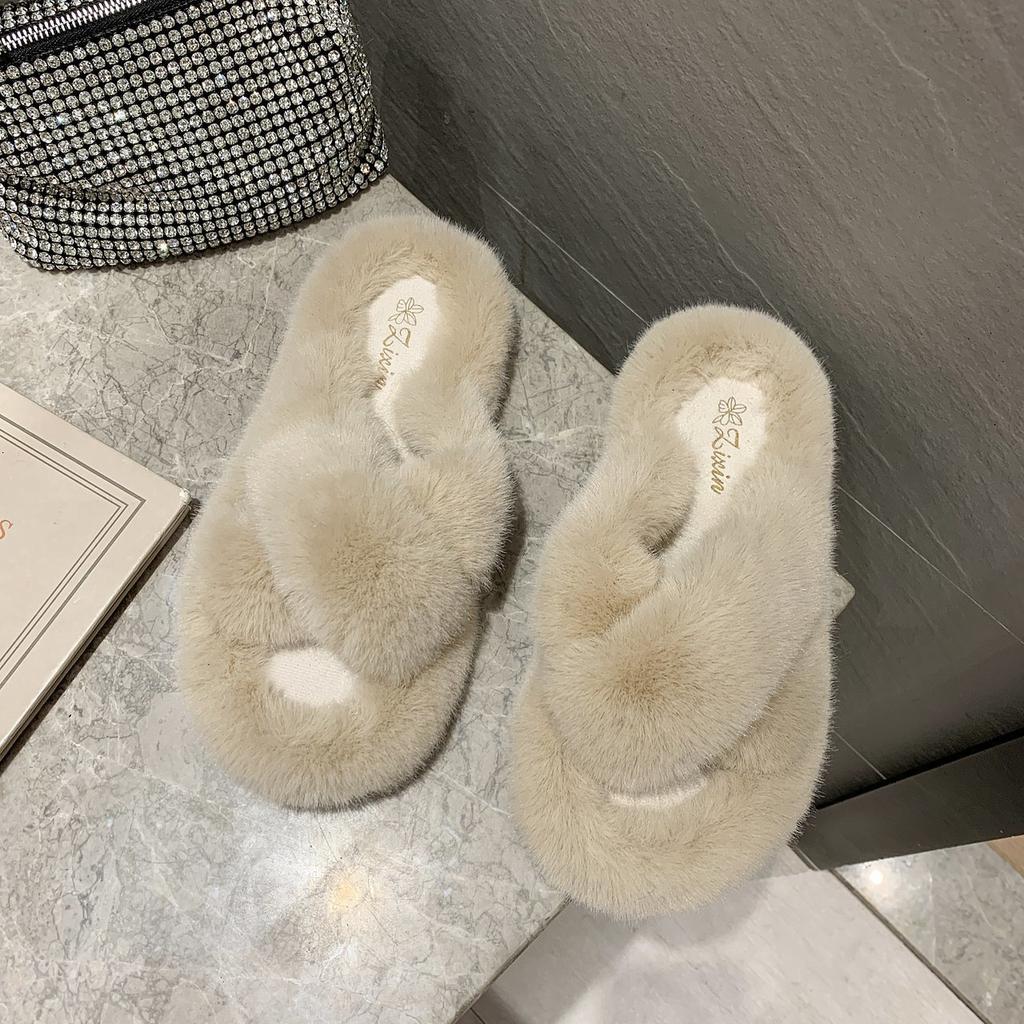 Mao Mao slippers women's 2025 autumn new cross thick-bottomed imitation rabbit fur flat-bottomed casual outer wear one-word home slippers