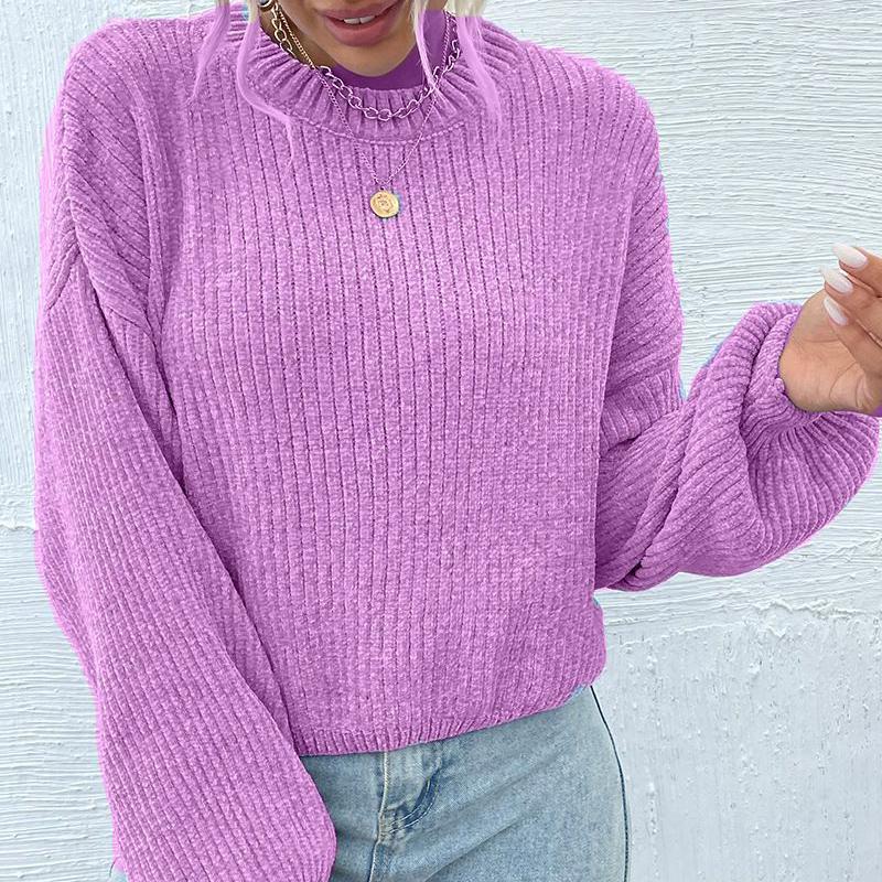 

Женский короткий однотонный вязаный свитер с круглым вырезом и длинными рукавами из шенилла, свободный базовый свитер One Size фиолетовый