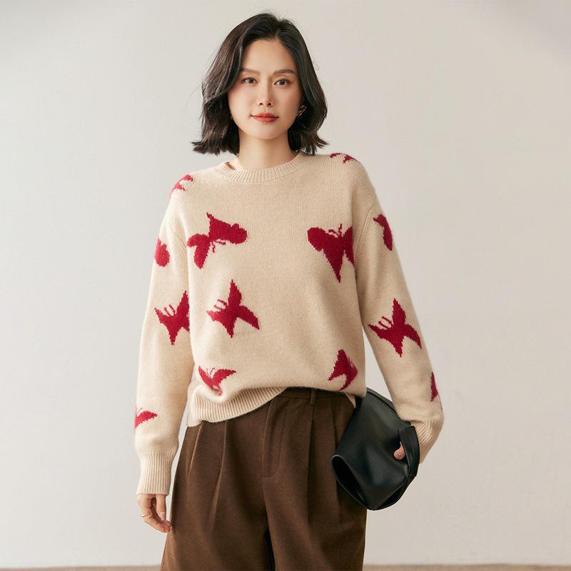 Women's Butterfly Cashmere Round Neck Sweater - 2025 Autumn/Winter Loose Slim Fit Knitwear
