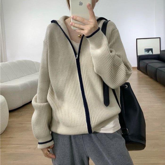Sweater jacket zipper stand-up collar lazy new thickened loose women's Korean fashion color matching top