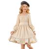 Girls' Fashionable And Cute Color Waist-cinched Square Neck Bell-Sleeve Ruffled Full Skirt Dress