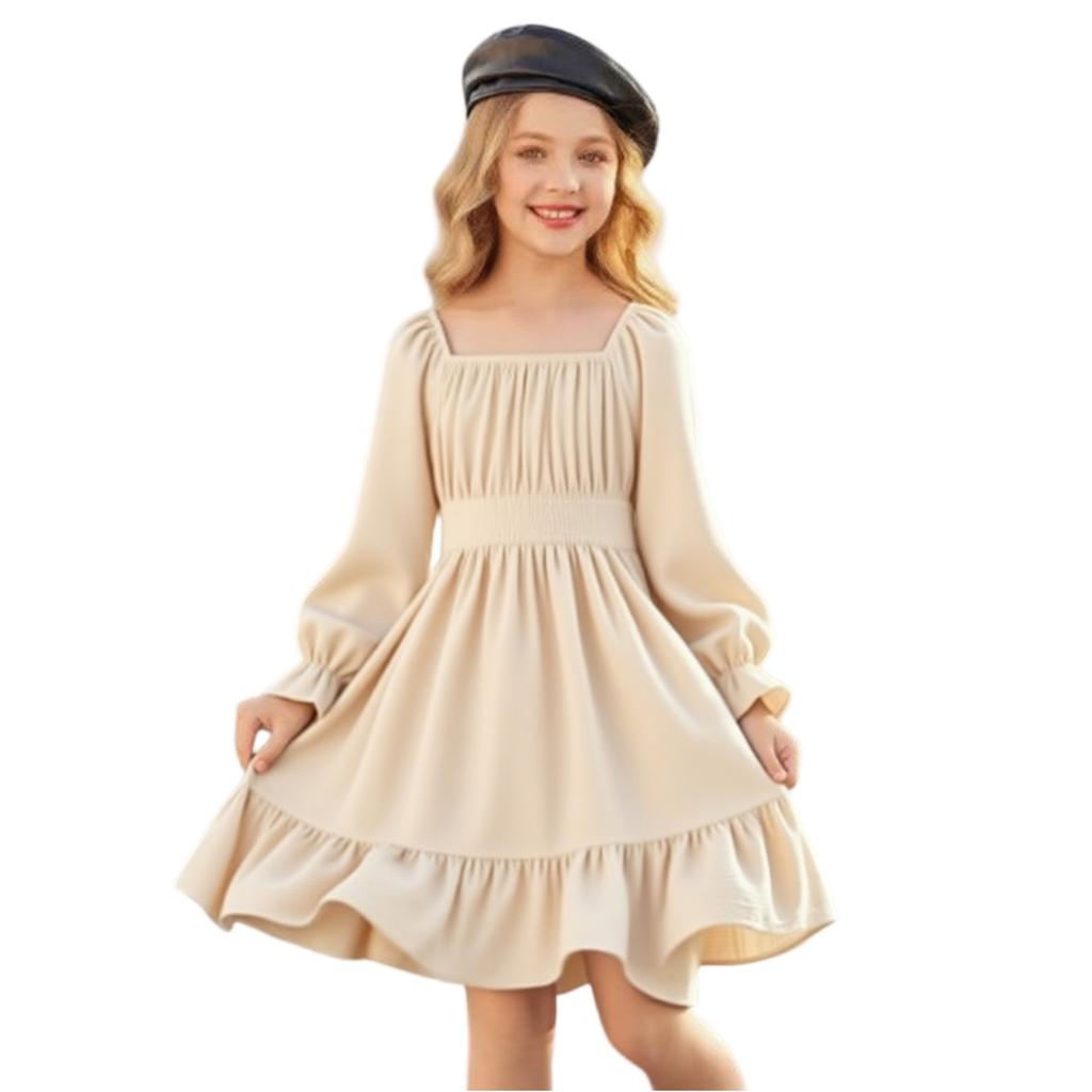 Girls' Fashionable And Cute Color Waist-cinched Square Neck Bell-Sleeve Ruffled Full Skirt Dress
