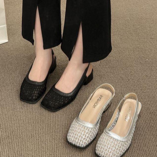Mesh Hollow Bag Head Sandals Women's 2025 New Summer French Mary Jane with Skirt Temperament Thick Heel Single Shoes