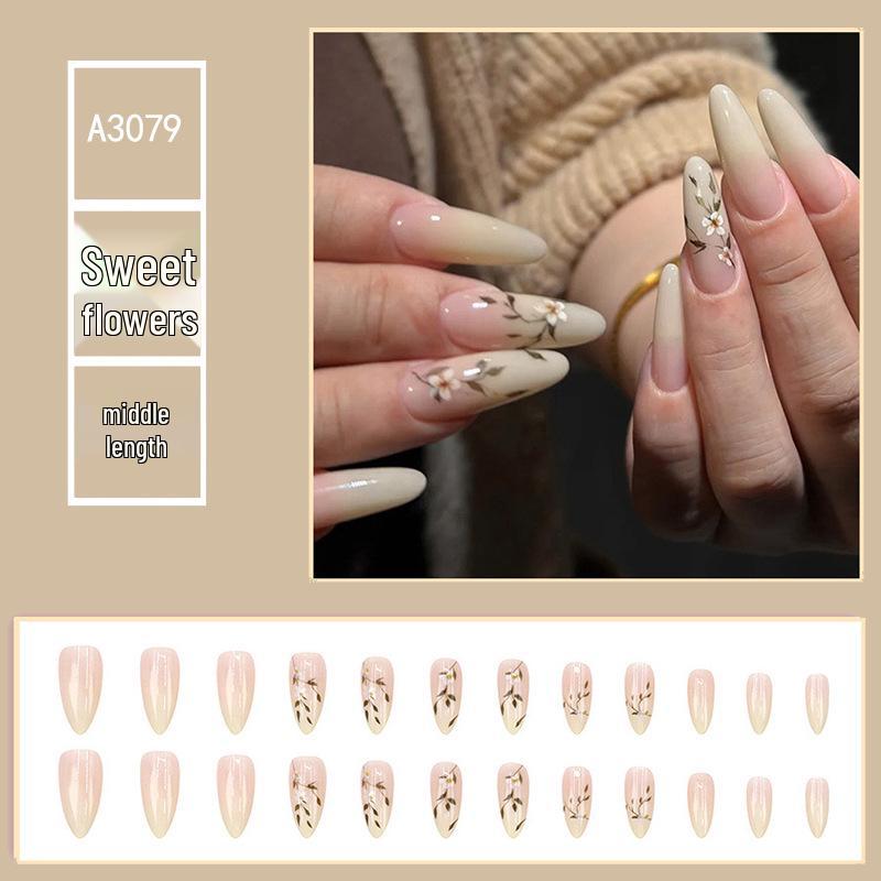 

Сладкие цветочные градиентные наклейки для ногтей миндалевидной формы - Свежие, чистые и носибельные накладные ногти