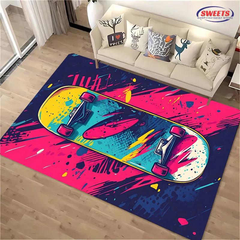 1 Stück Junge Mode Skateboard Print Bereichsteppich, Teppich für Zuhause Wohnzimmer Kinderzimmer Sofa Dekor, Kinder Spiel Rutschfeste Bodenmatte