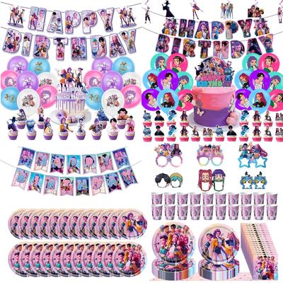 Decoración para Fiesta de Cumpleaños Kpop Vajilla Set Suministros para Fiesta de Cumpleaños Globos Topper para Tarta Bandera Colgante Vasos Decoración para Fiesta K-pop