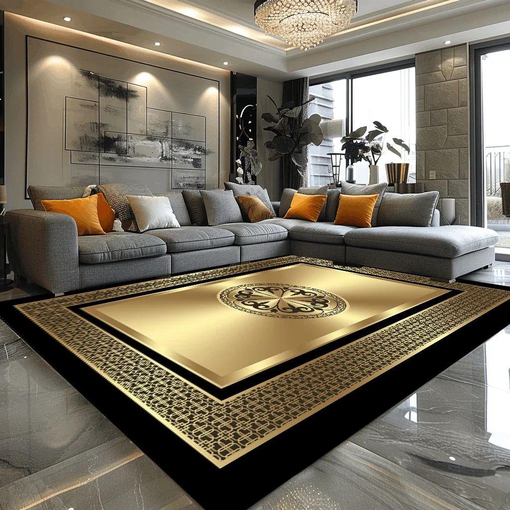 Luxury Large European Style Rug—Black Gold Living Room Sofa Carpet, Non-Slip Easy To Clean for Coffee Tables Carpet