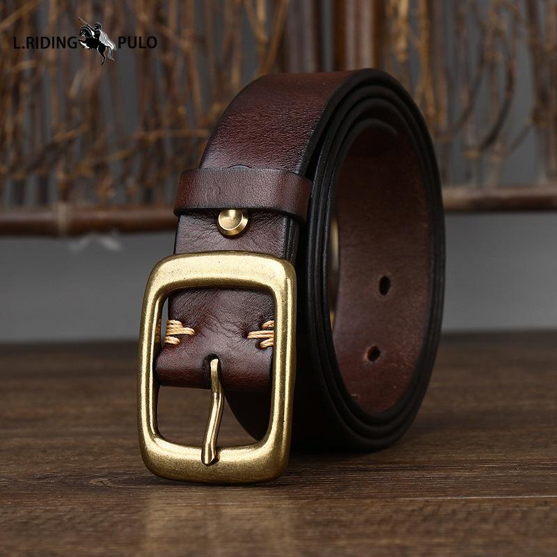 Retro High Quality Pure Cowhide Belt Men and Women Genuine Leather Korean Style Trendy Copper Buckle Casual Belt