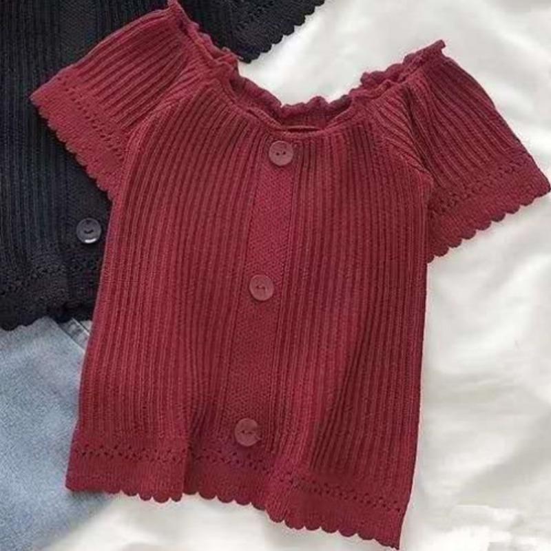 Moda Elegante Borda de Orelha de Madeira Manga Curta Ajustado Fino Gola Uma Linha Sem Alças Seção Fina Tops de Tricô Essencial Casual Pulôveres Slim Fit Camisetas