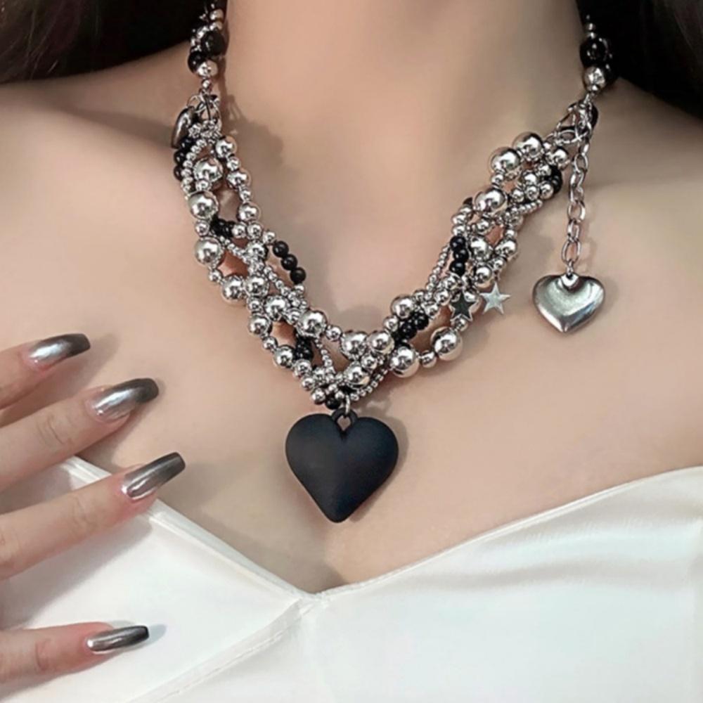 1 Piece Multi-layer Black Silver Beaded Heart Necklace Sweet Cool Style Daily Wear / Punk Look / Party Accessories