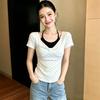 Korean Spice Girl Fake Two-piece Polka Dot Neck Short Sleeve T-Shirt Women's Summer Beauty Slim Skinny Kink Shoulder Top