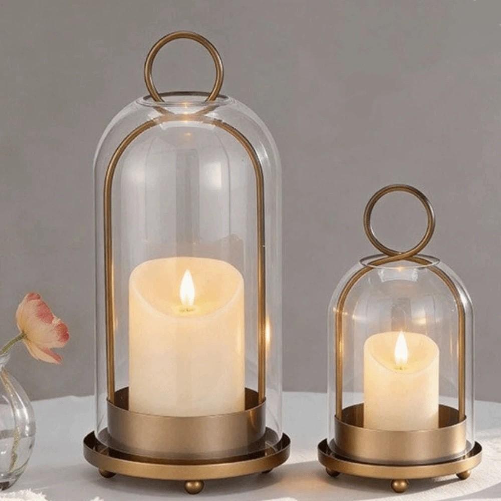 Vintage Brass Metal Candle Holder Set Glass Dome Table Candlelight Ornaments Hanging Decor