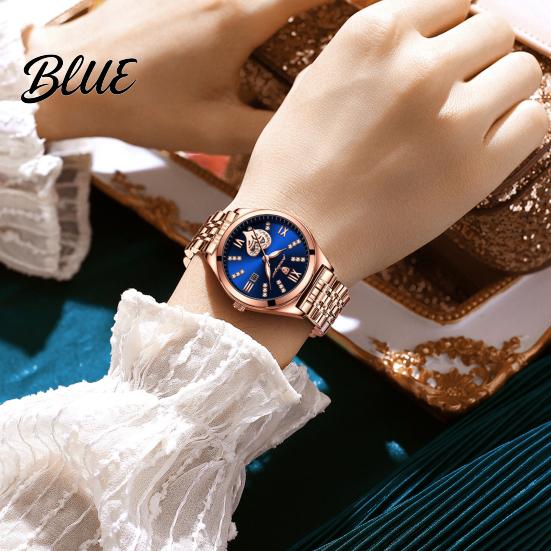 Round Dial Women Rhinestone Dress Steel Strap Luminous Stainless Watch Waterproof Calendar Display Wristwatch Fashion