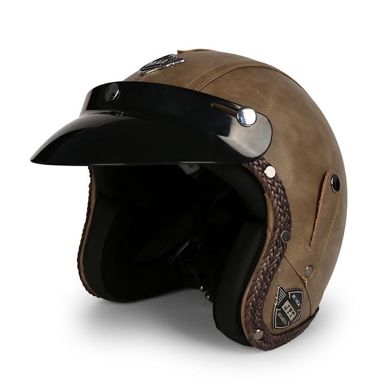 3C Vintage 3/4 Half Helmet Electric Motorcycle Summer Pedal Cruise Locomotive Leather Helmet Men and Women