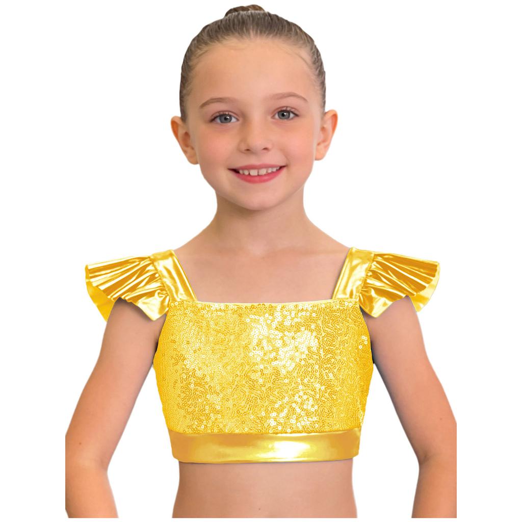 Dětské dívčí topy na jazzový tanec Čtvercový výstřih Volánkové rukávy Třpytivý flitrovaný metalický crop top