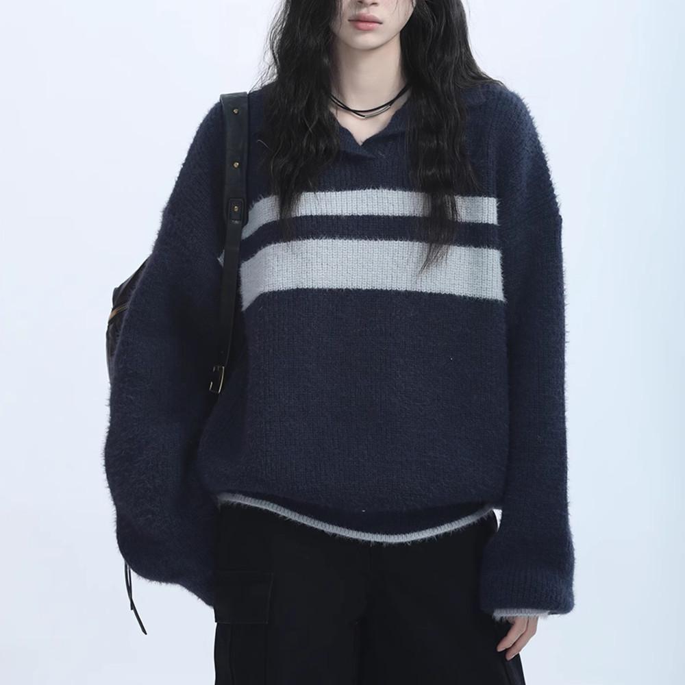 

Унисекс Ретро Тяжелый Вязаный Свитер: Свободный, Повседневный, Универсальный, Отложной воротник для осени/зимы XXL синий