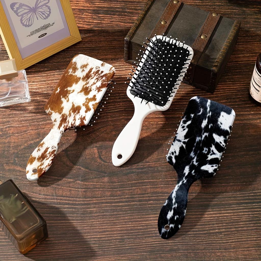 1pc Cow Print Air Cushion Comb for Girls - Large Anti-Knot Detangling Hair Brush with Cowhide-like Cow Spot Pattern, Nylon Bristles & Air Cushion