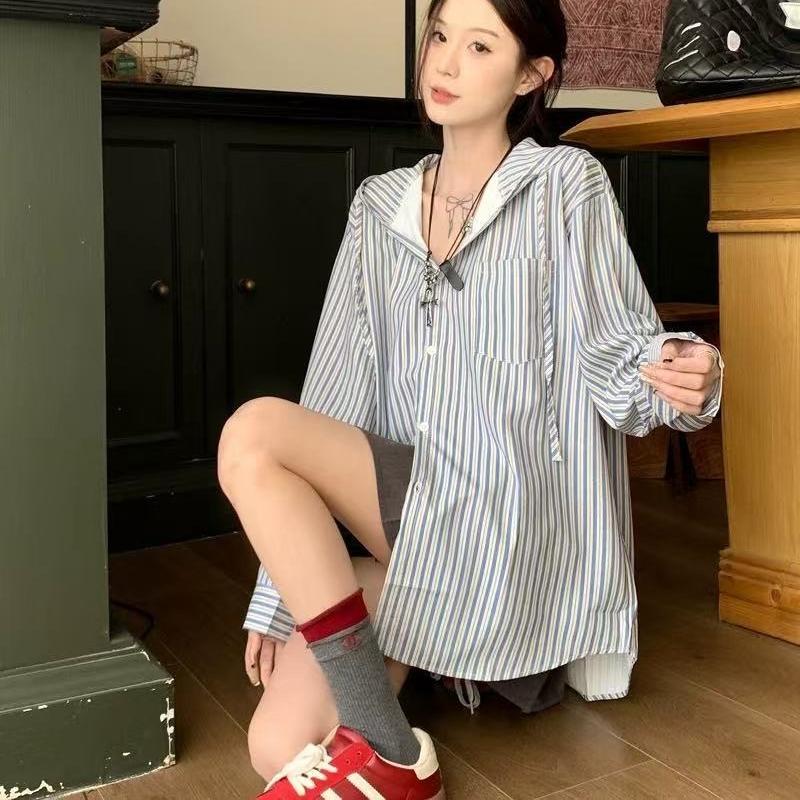 Striped Hooded Women's Long Sleeved Shirt Korean Style Loose Casual Shirts Spring Fashion Single Breasted Lady's Blouses
