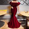 2025 Autumn European & American Ruffle Off-Shoulder Slimming Dress with Small Train