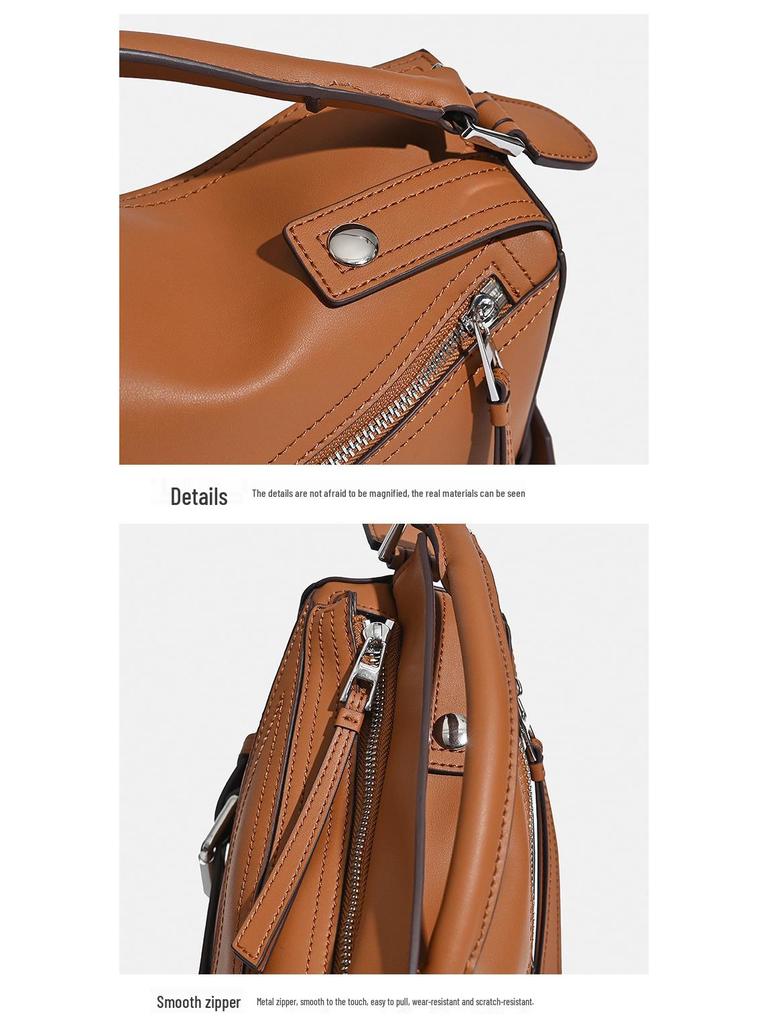 2025 Autumn Geometric Cowhide Crossbody Biker Bag - Large Capacity Genuine Leather Handbag for Women