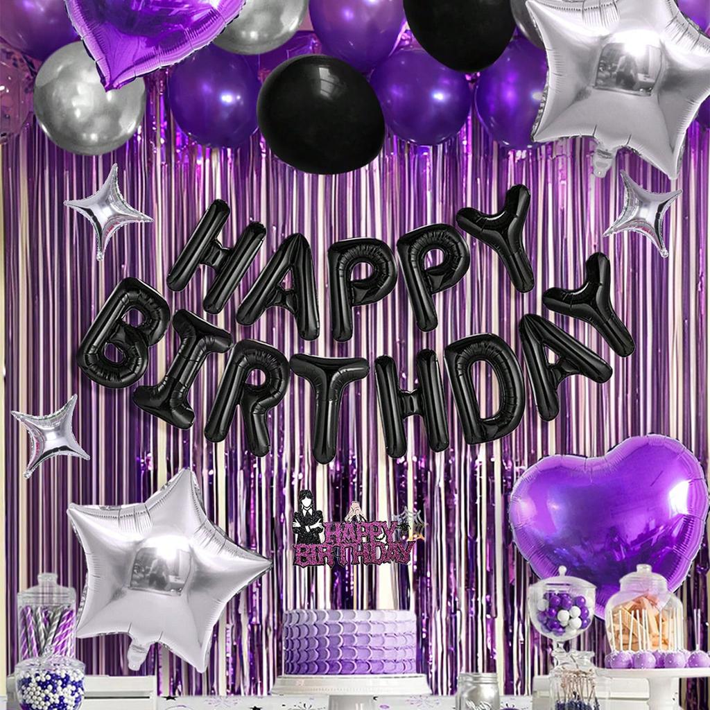 Purple themed black Happy Birthday balloon set includes heart-shaped aluminum foil balloons for birthday party decoration