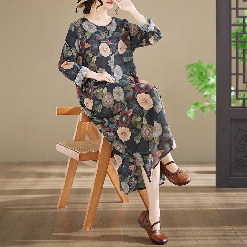 2026 Women s Long-Sleeve Printed Cotton Dress, Round Neck, Plus Size Plus Size L