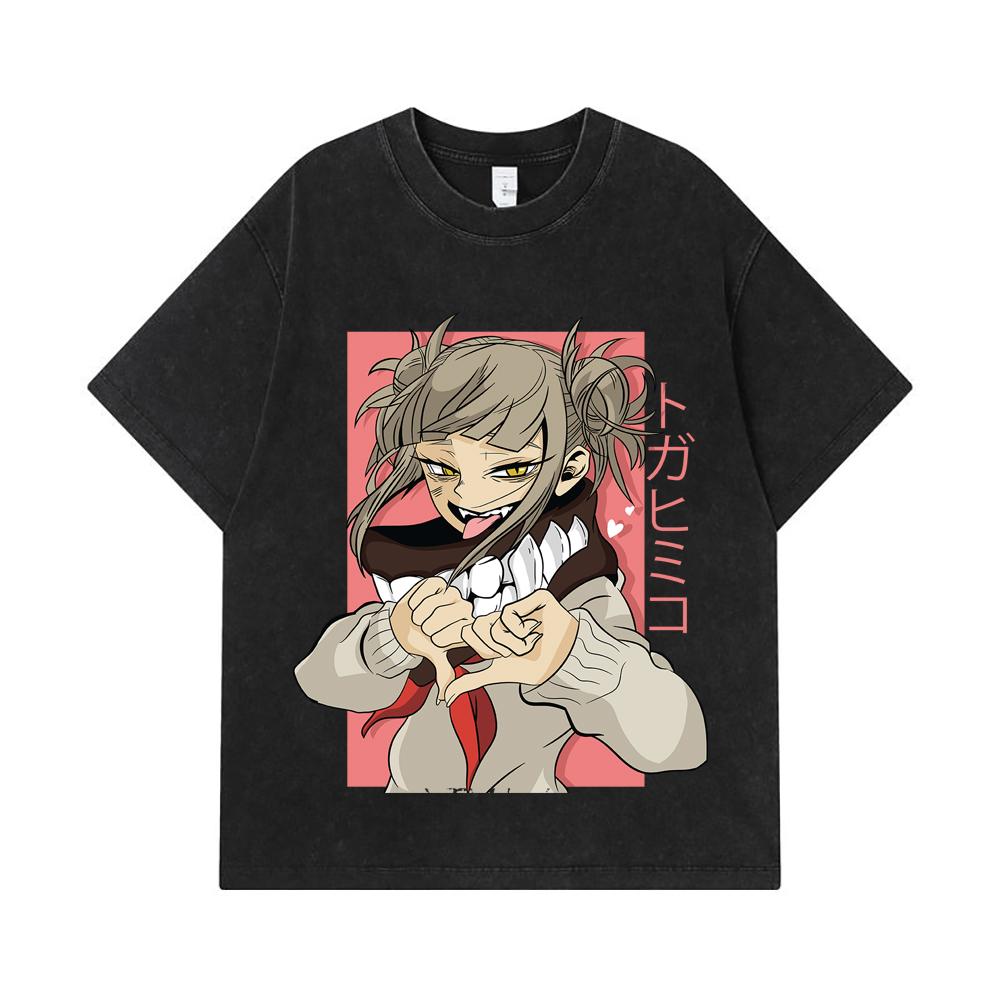275 GSM Gewassen T-shirts 100% Katoen My Hero Academia V19 Toga Print Unisex Zwaar Katoenen T-shirt