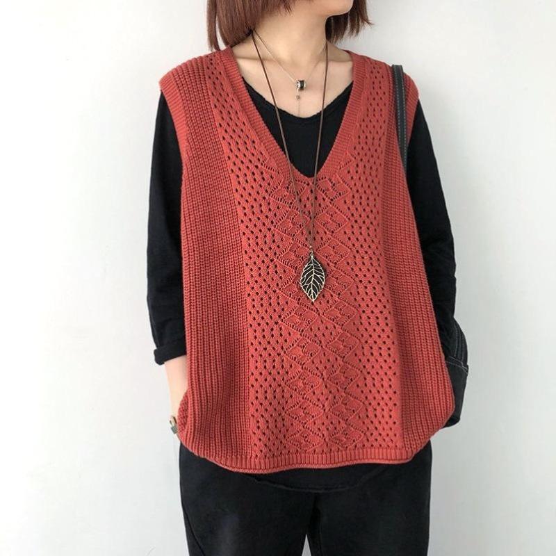Damski Retro Bezrękawnik Dzianinowy Kamizelka Damska Wzórażurowy Luźny Wiosna Jesień Oddychający Gilet Sweter