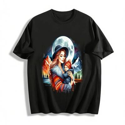 Warm Moon Mountain Mom And Baby Print Casual Fall Winter Tee Pure Cotton T-shirt