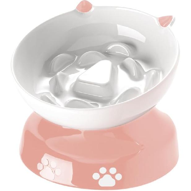 Y YHY Ceramic Cat Slow Feeder, Elevated Dog Food Bowl Tilted Design, Slow Feeder Bowl No Black Chin, Cat Shape for Dry and Wet Food