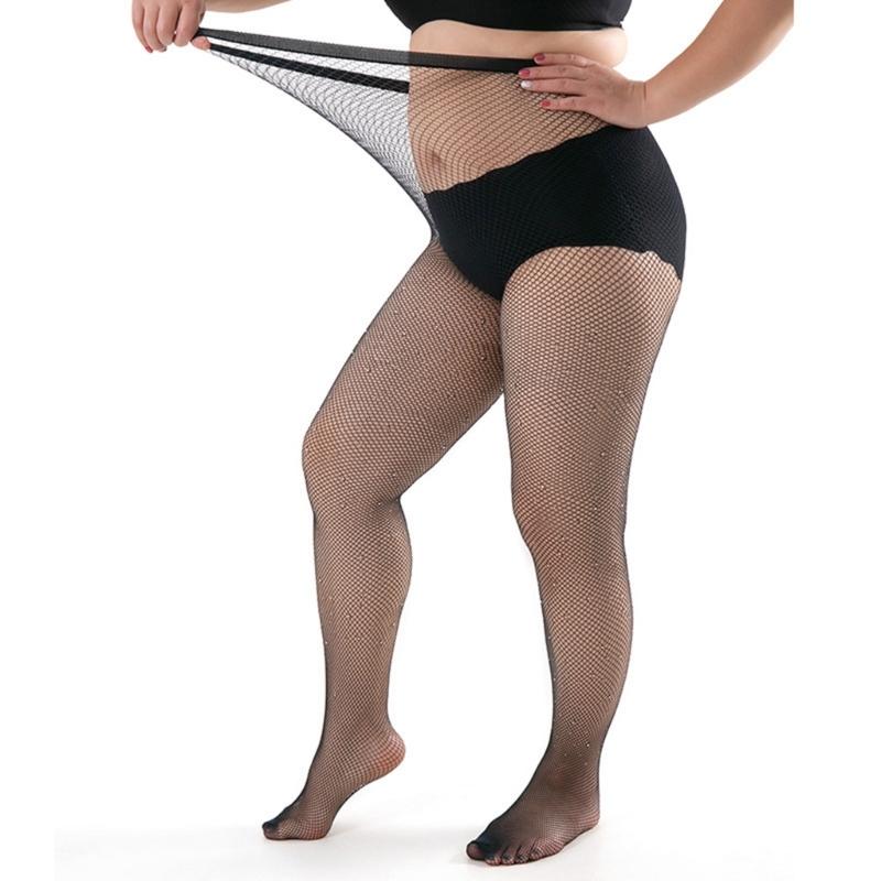 Women's Sparkling Crystal Large Size Fishnet Pantyhose Stretch Nylon Stockings Rhinestones Mesh Tights For Evening Wear