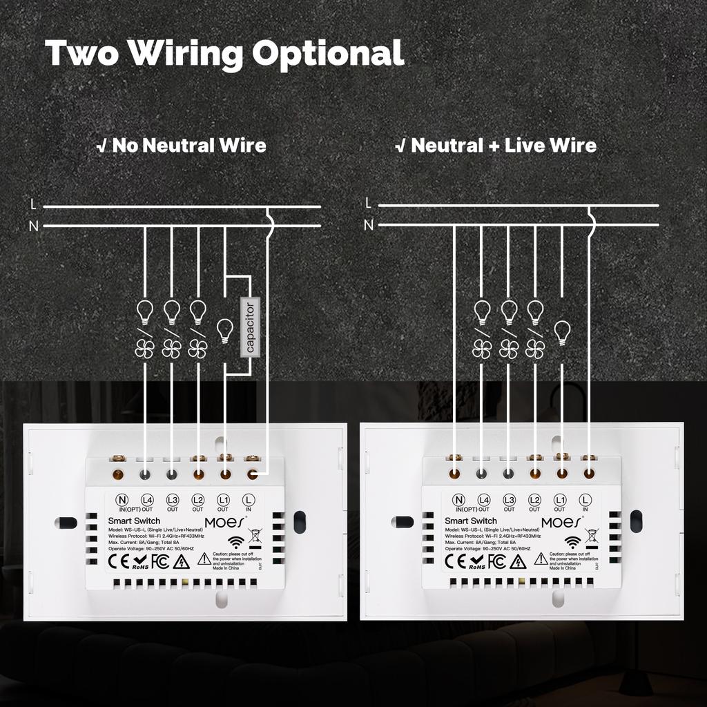 MOES No Neutral Wire Needed RF 433+ Wifi Wall Light Switch Smart Life/Tuya Wireless Remote Switches 1/2/3/4 Gang