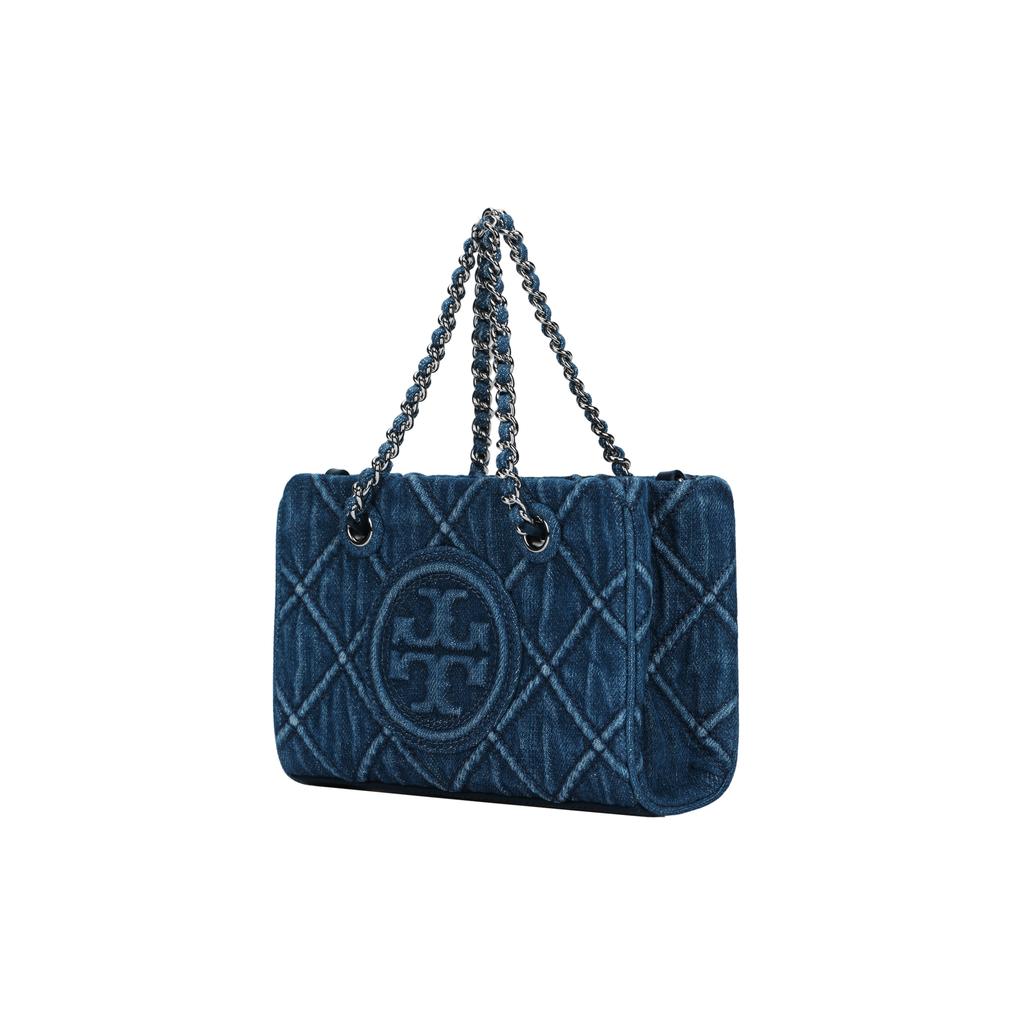 Tory Burch Fleming Diamond Pleated Embossed Double T Logo Fabric And Lambskin Tote Bag Women Tote Bags Denim-Blue 154743-426