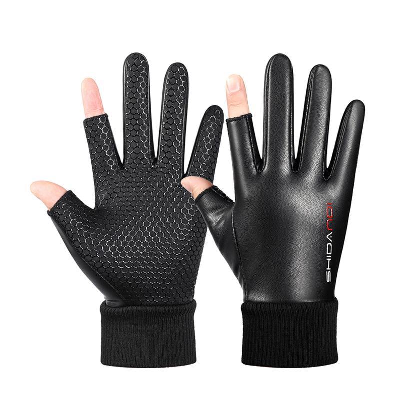 Men's Waterproof Winter Leather Gloves: Windproof, Touchscreen, Fingerless Flip Cover for Cycling, Driving, Fishing, and Takeaway Riding