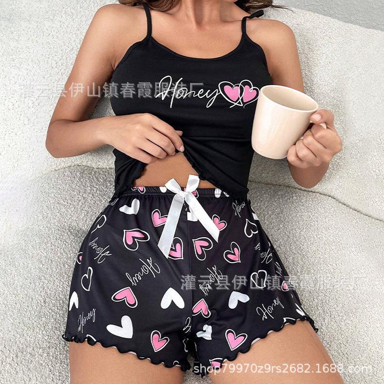 Pigiama Gilet con Bretelle e Pantaloncini Set Seta di Latte Loungewear da Donna