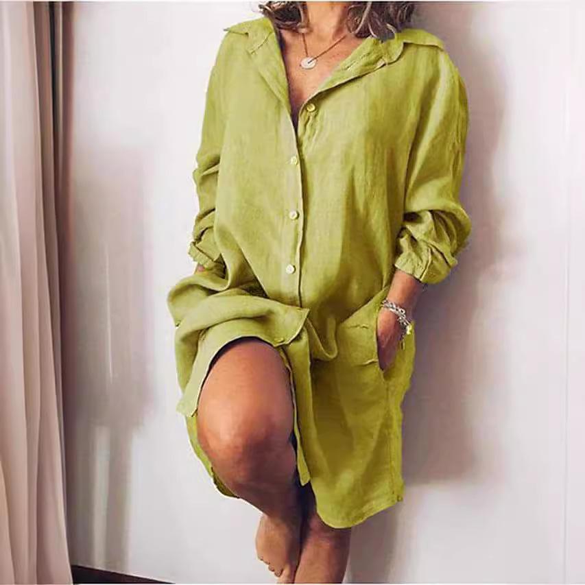 Cardigan Chemise Femme Coton Mi-Long Manches Longues Uni Blouses Femme Tendance 2025 Haut Décontracté Manches Longues