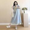 2026 Summer Korean-Style Maternity Dress: Single-Breasted, Lace Patchwork, Bowknot Design, Faux Two-Piece