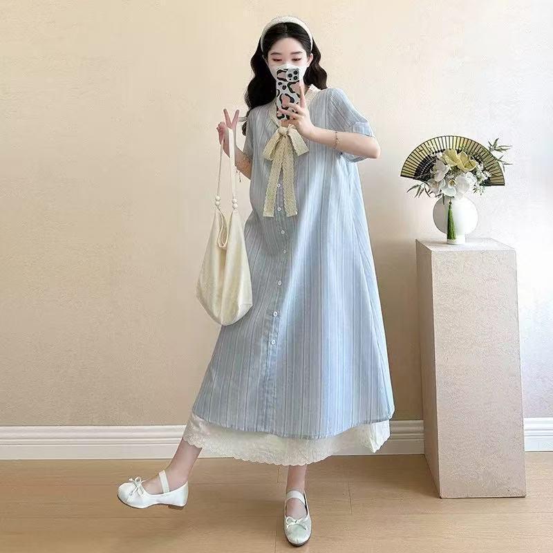 2026 Summer Korean-Style Maternity Dress: Single-Breasted, Lace Patchwork, Bowknot Design, Faux Two-Piece