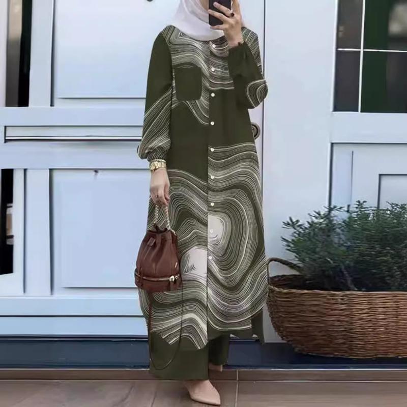 Muslim Women's Clothing Arabian Fashion Printed Lapel Bubble Sleeve Shirt Pants Set