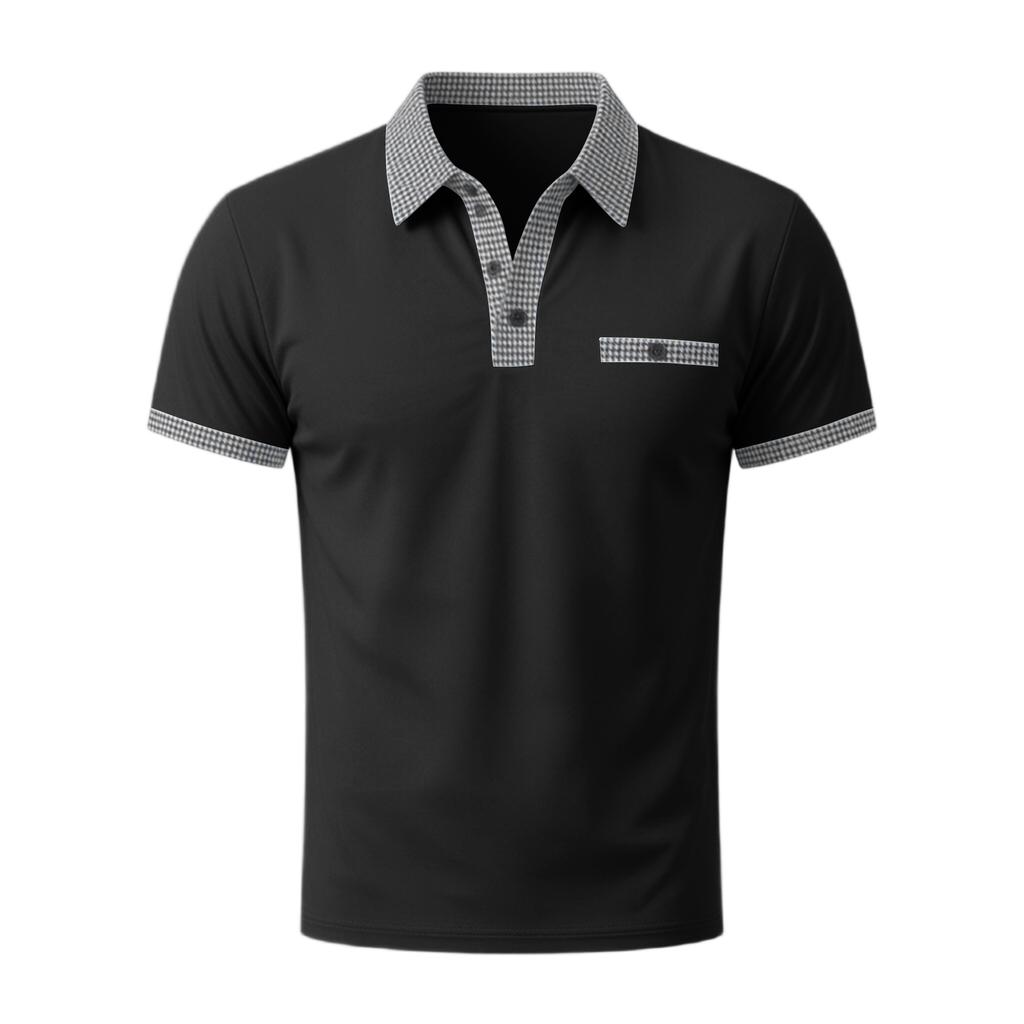 Polo Estiva da Uomo a Colore Unito Manica Corta Casual Traspirante Leggera Misto Cotone Top con Collo e Polsini a Quadretti