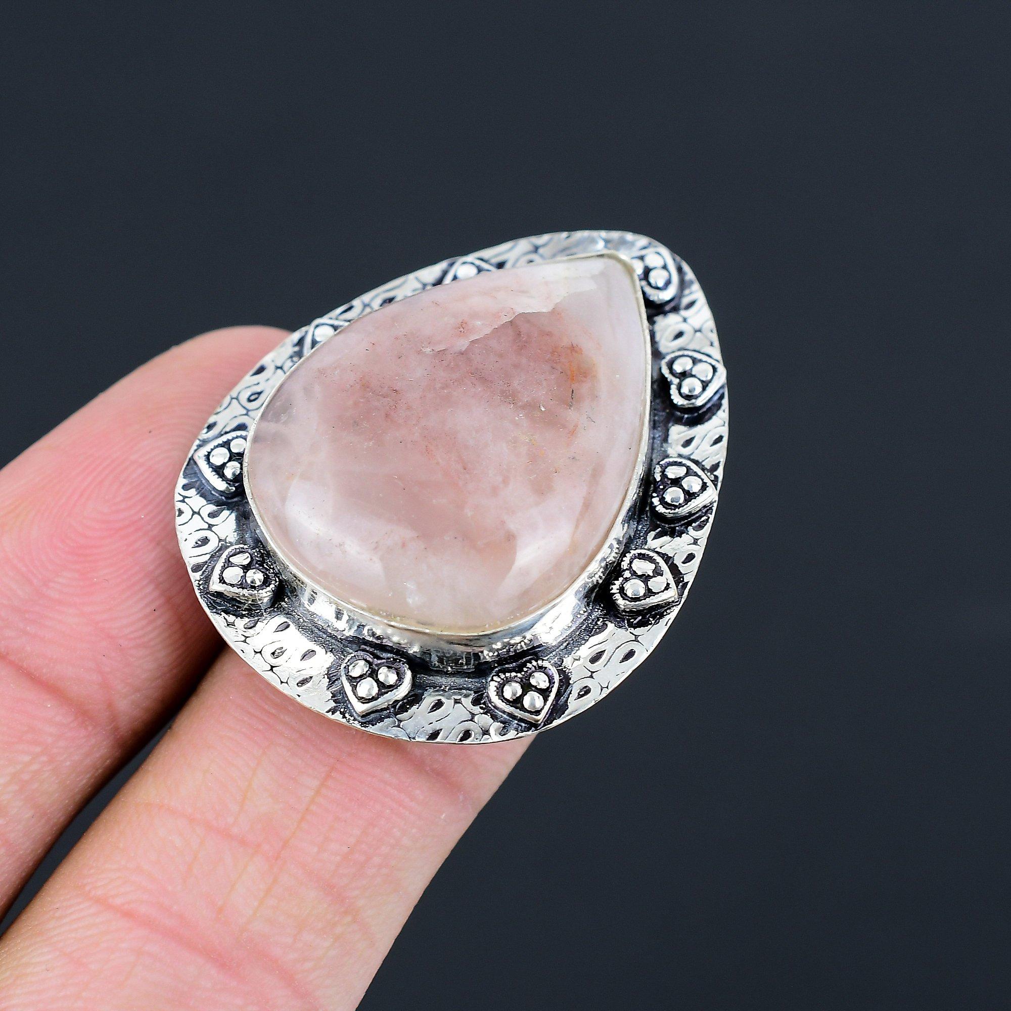 925 Silver Pear Strawberry Quartz Stone Birthday Statement Engagement Ring US 6 6