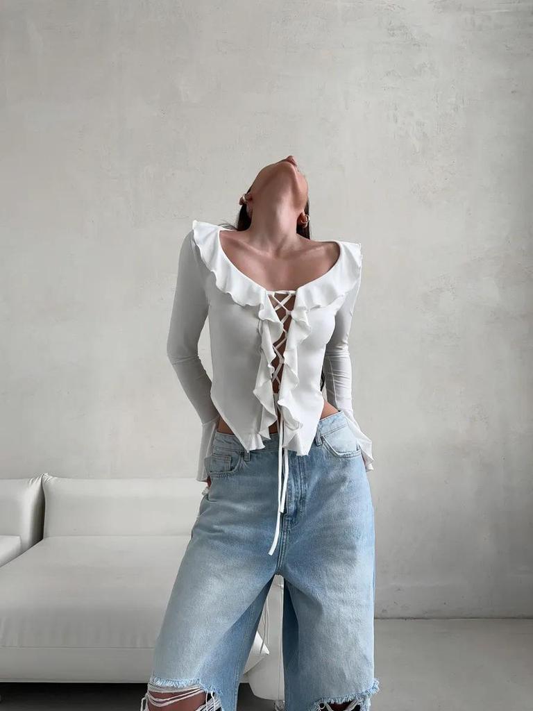 Europeisk & Amerikansk V-ringad Snörning Volang Klockärm Topp