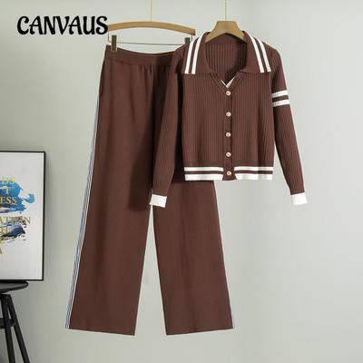 Spring Women's Striped Contrast Color Knitted Cardigan Top High Waist Wide Leg Pants Two Piece Suit