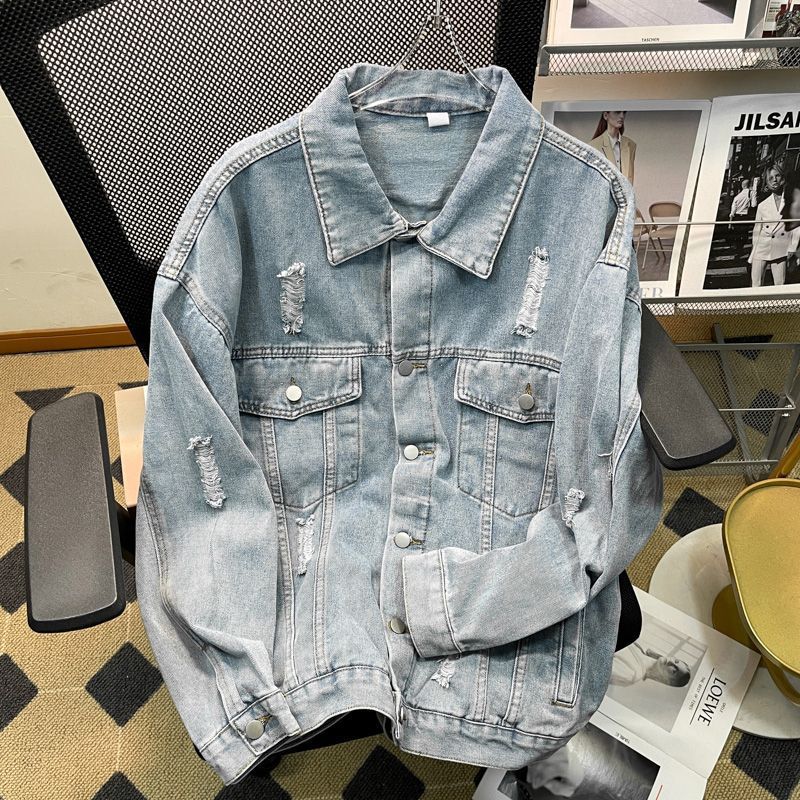 Korean Version of INS Spring and Autumn Letter Print Ripped Denim Jacket Men's American Street Tide Brand Ruffian Handsome Loose Top
