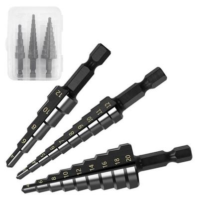 HSS Step Drill Bit Set Nitrogen Coated Straight Groove High Speed Steel Stepped Up Cone Conical Hex Shank Hole Cutter