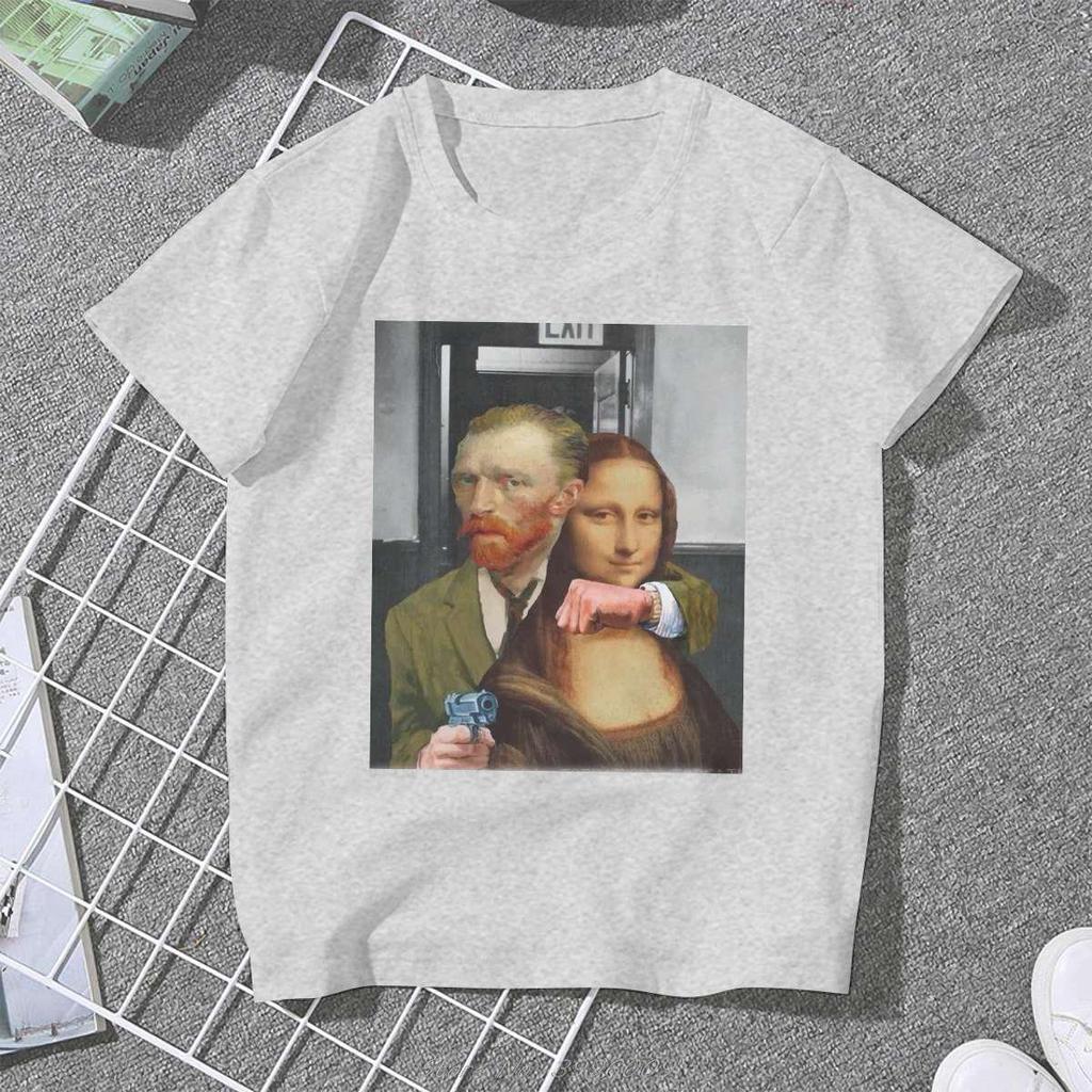 Van Gogh mit Mona Lisa Damen Kleidung Übergroßes T-Shirt Kawaii Vintage Damen Top