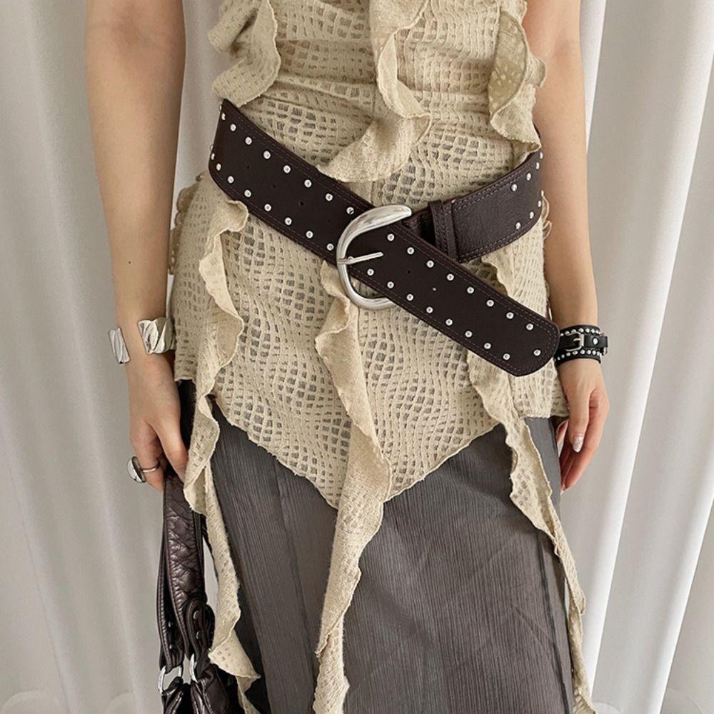 Vintage Wide Leather Waistband Metal Buckle Punk Style Belt Fashion Women Rivet Belt  Men