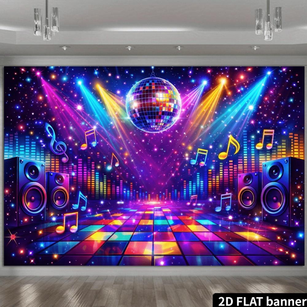 2D flat disco music background mirrored ball and rainbow dance floor elements balanced note decoration
