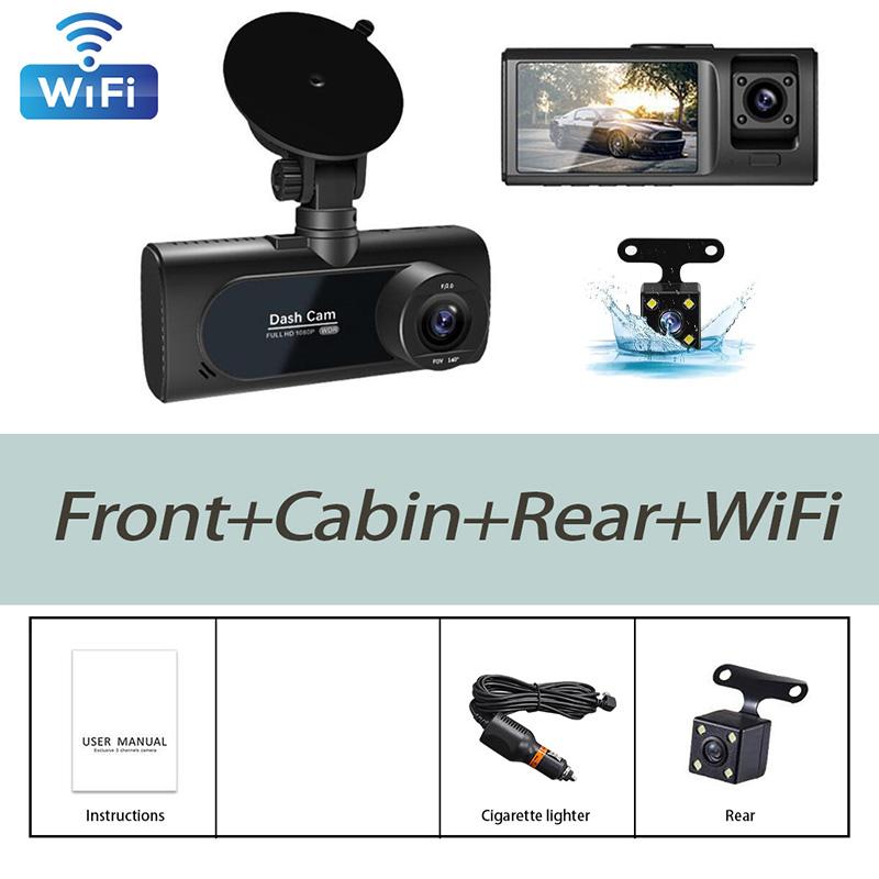 HD1080P 3-channels WiFi Dash Cam Car DVR Front Inside Rear Reverse Image 170wide Angle Starlight Night Vision Mobile APP Control