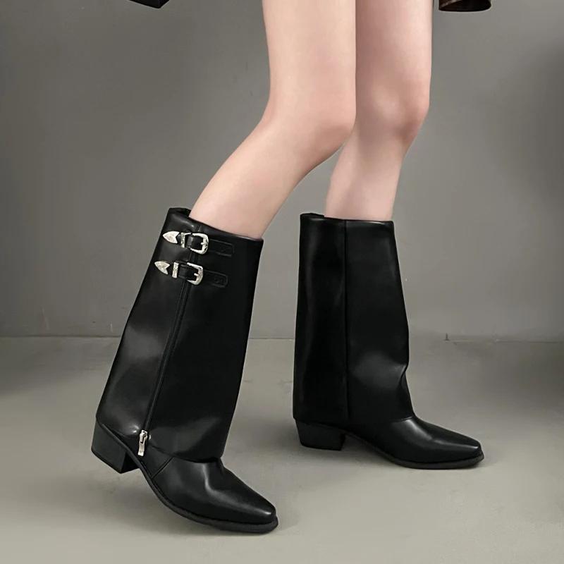 

Женские высокие ботинки челси кожаные каблуки обувь зимняя новая мода до середины икры массивные ботинки тренд панк туфли снежные ботинки женские 43